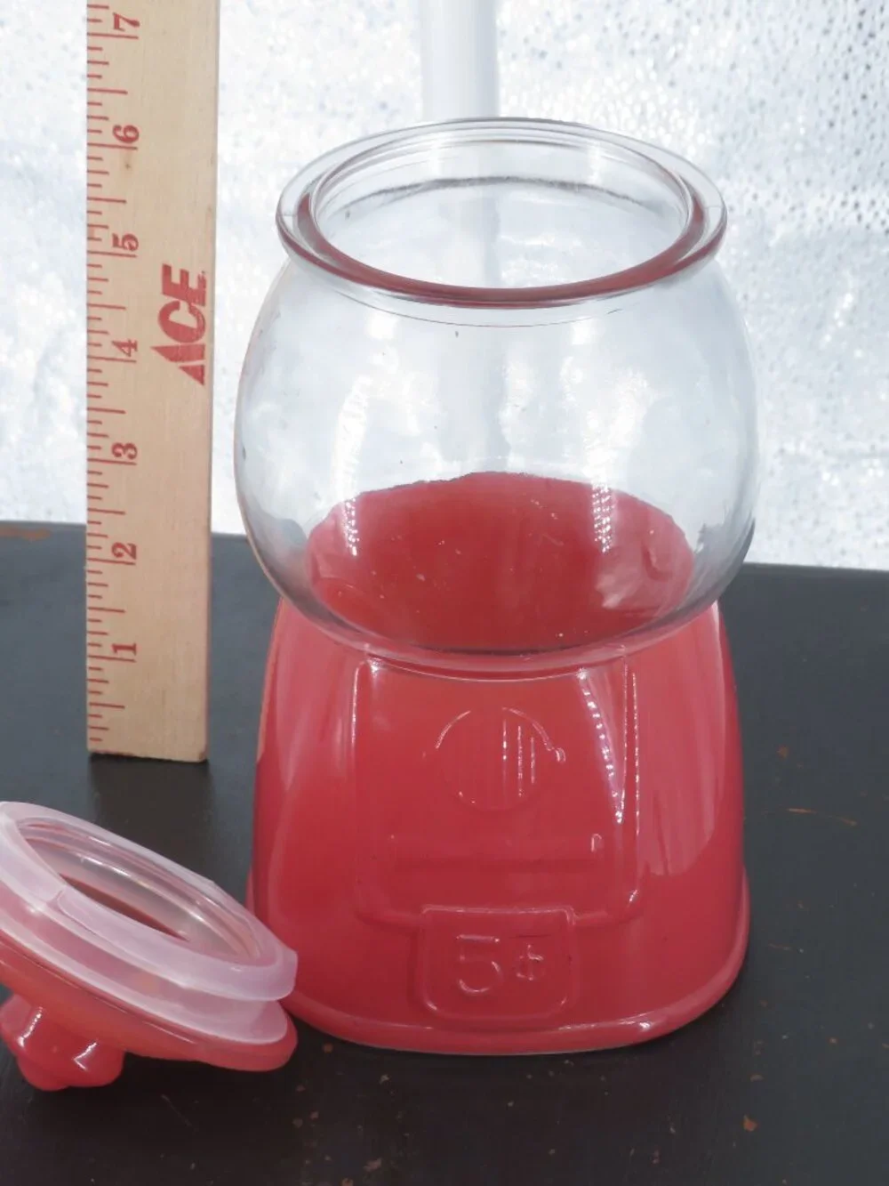 gumball machine candy jar red glass 8 in retro style canister container 5 cent